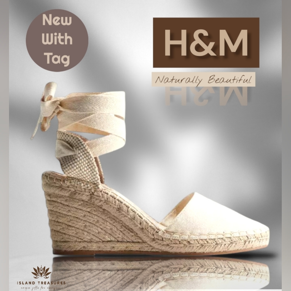 NWT H&M Sz 7 Women White Dusty Light Canvas Wedge Jute Wrapped Espadrilles